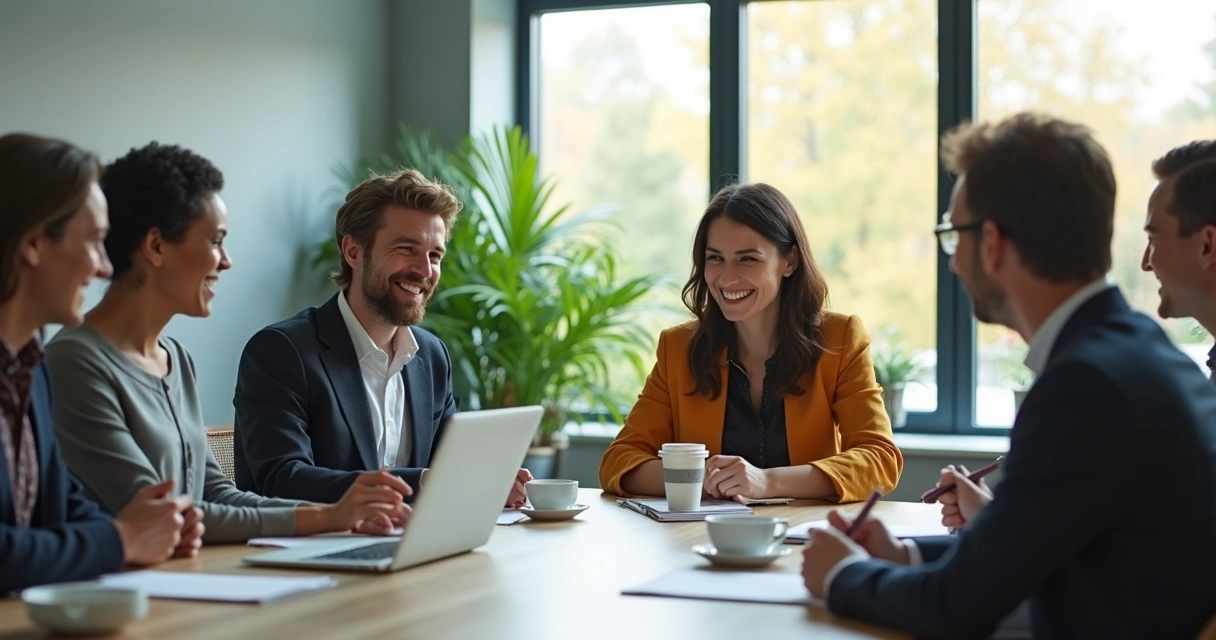 Equipe diversa reunida em sala de reunião iluminada, discutindo ideias e sorrindo