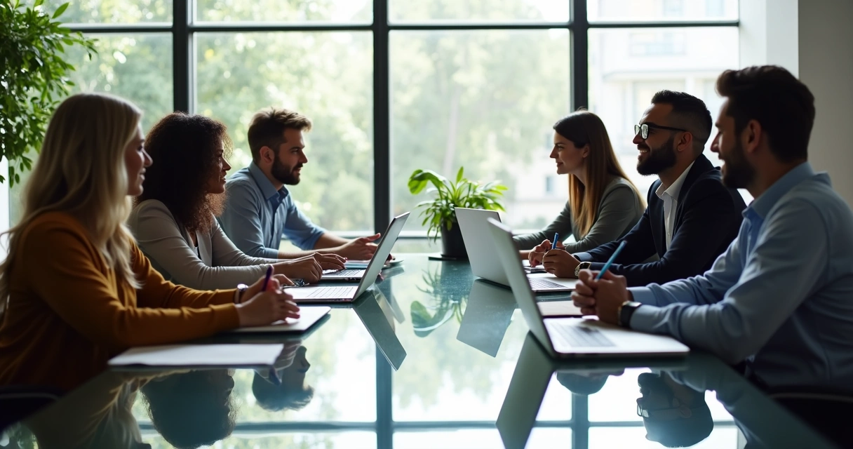 Equipe corporativa realizando reunião colaborativa em escritório moderno