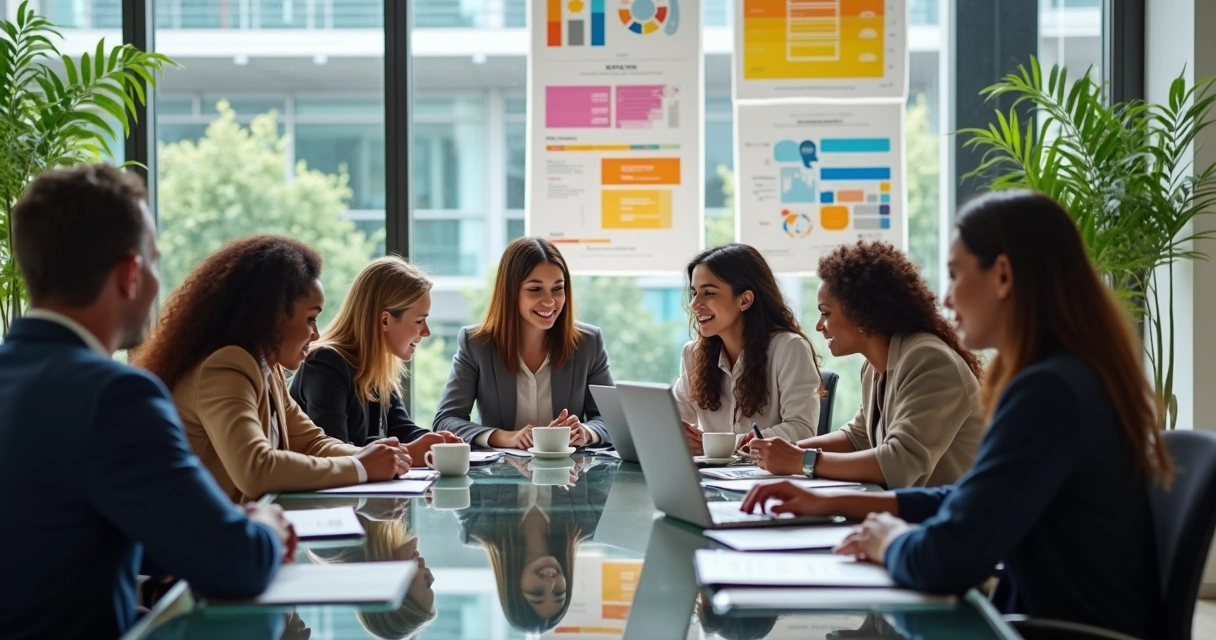 Equipe diversa em reunião colaborativa em ambiente corporativo moderno e iluminado