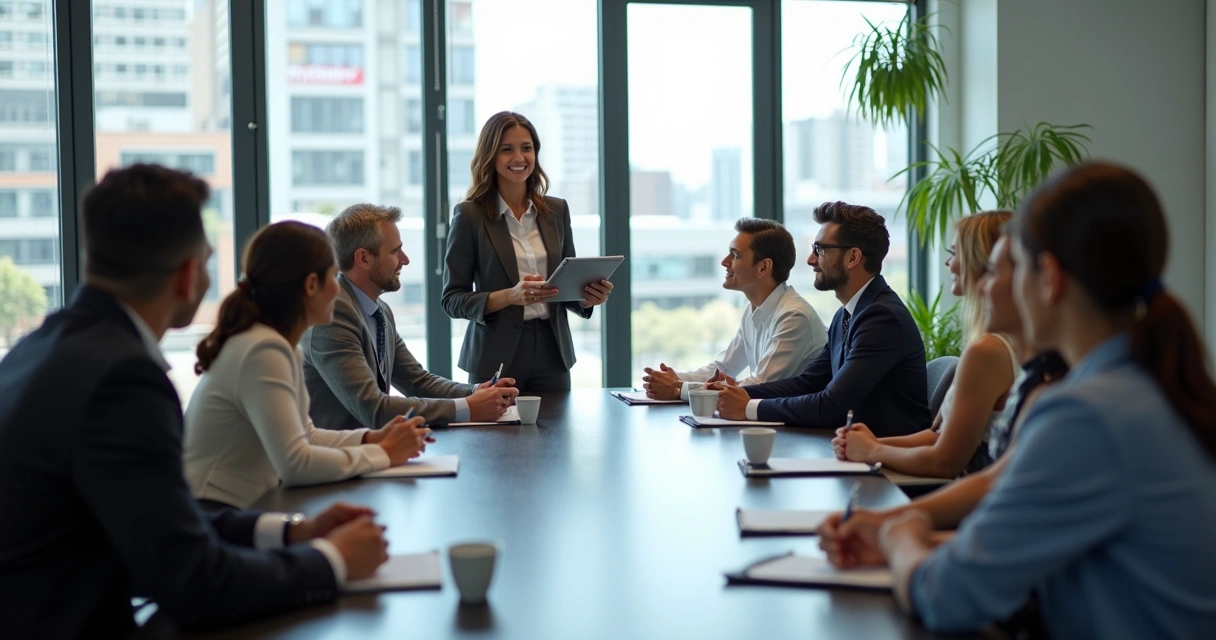 Grupo de profissionais em reunião empresarial discutindo liderança e estratégias corporativas