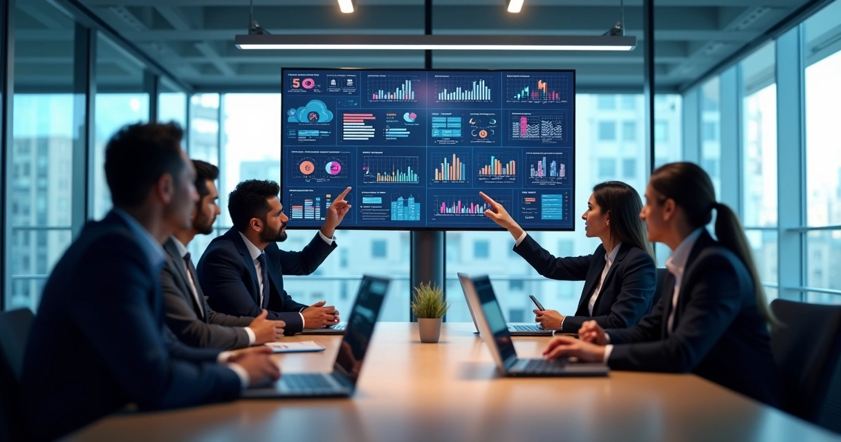 Profissionais analisando gráficos de ROI em tela digital durante reunião corporativa com ambiente moderno